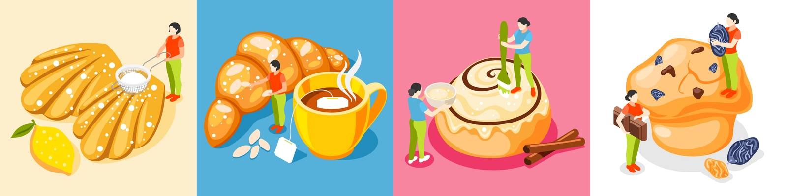 Bakery people isometric square set with pastry and cookies symbols isolated vector illustration