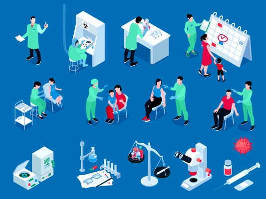 Vaccination isometric color set of scientists engaged in experiments in laboratory and medical staff conducting practical inoculation isolated vector illustration