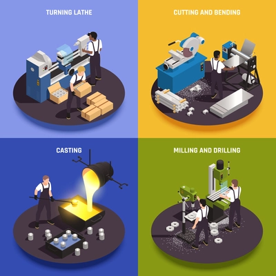 Metalworking operations 4 isometric compositions  with turning lathe casting laborers cutting bending milling drilling machines vector illustration