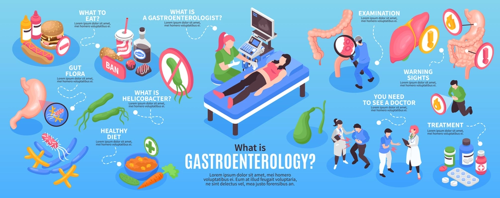 Isometric gastroenterology infographic set with what to eat gut flora healthy diet examination treatment and other descriptions vector illustration