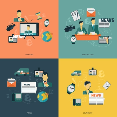 News flat set with shooting release press journalist isolated vector illustration.