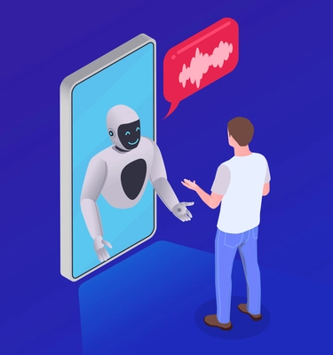 Artificial intelligence isometric composition with human character and smartphone with robot personal assistant and thought bubble vector illustration