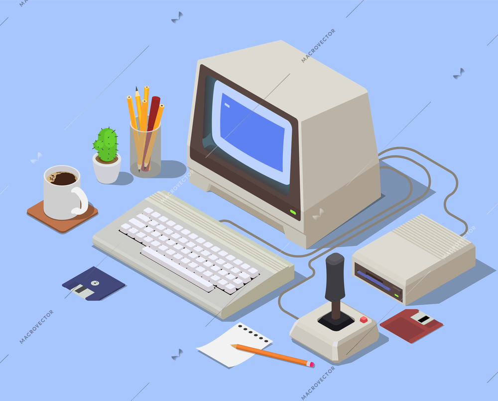 Retro devices isometric background with personal computer consisting from system unit monitor keyboard and attached joystick vector illustration