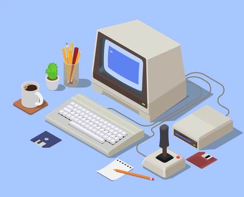 Retro devices isometric background with personal computer consisting from system unit monitor keyboard and attached joystick vector illustration