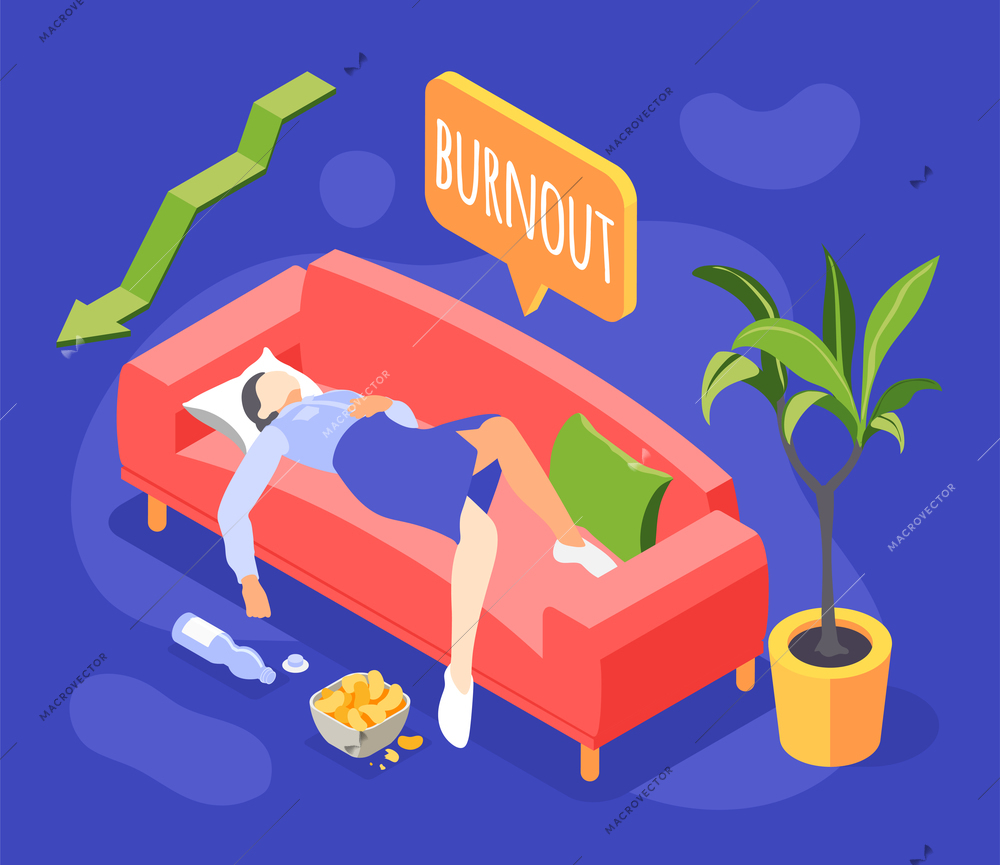 Burnout syndrome isometric colored background with tired woman sleeping on couch after exhaustive work isometric vector illustration