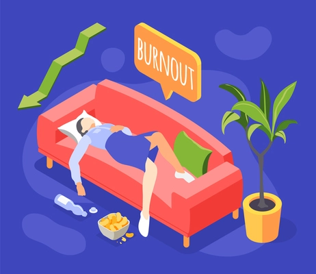 Burnout syndrome isometric colored background with tired woman sleeping on couch after exhaustive work isometric vector illustration