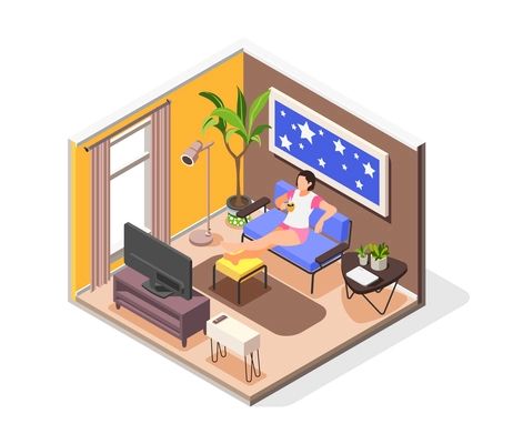 Human needs isometric composition with young girl spending leisure time at home sitting on couch with  cup of coffee in front of tv