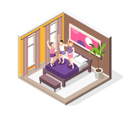 Pajama party isometric composition with three young happy girls jumping on bed in home interior vector illustration