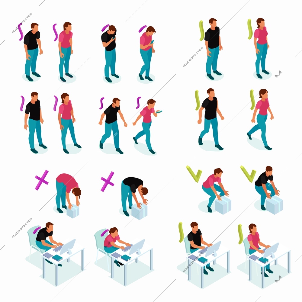 Maintaining good healthy correct alignment of body parts vs bad poor posture examples isometric set vector illustration