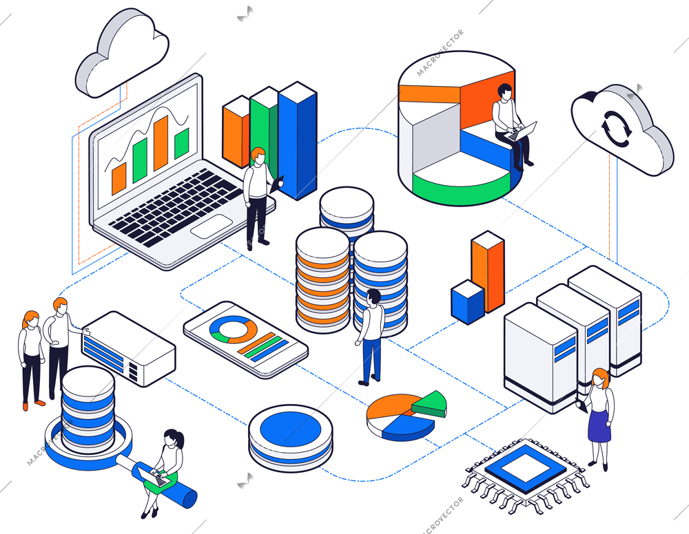 Big data science analysis isometric colored concept with related steps for networking vector illustration
