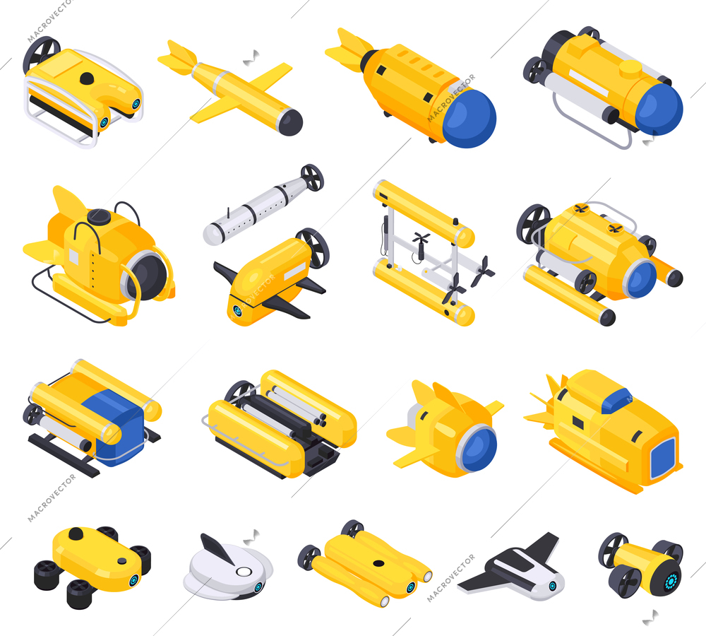 Underwater vehicles machines equipment isometric icon set with machines for diving for scuba diving and exploring the seabed vector illustration