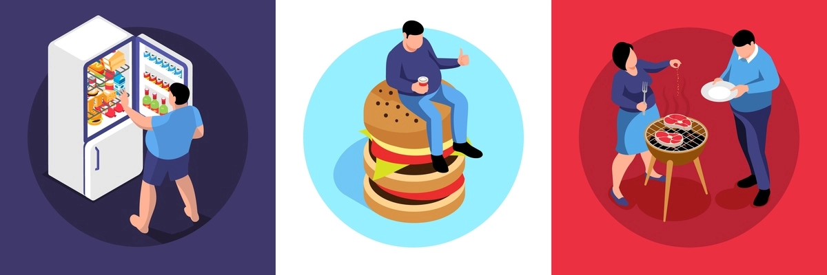 Isometric obesity design concept with human characters of people eating burger looking into fridge frying barbecue vector illustration