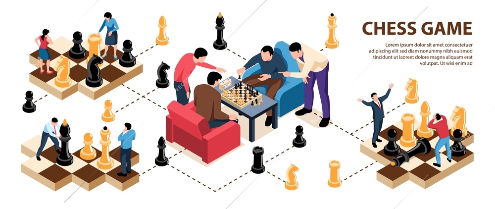 Isometric chess infographics with small human characters of players among chess figures on chequerboard with text vector illustration