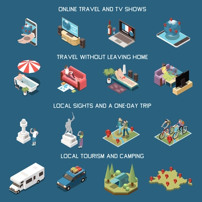 Isometric set of domestic and online travel local sights camping transport icons isolated on blue background 3d vector illustration