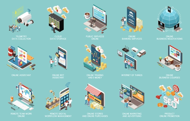 Digital transformation isometric icons set with public services remote work internet shopping 3d isolated vector illustration