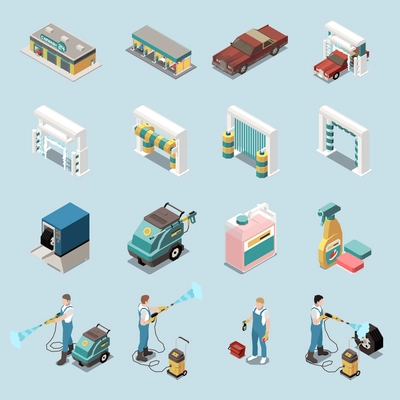 Car wash staff building tools for cleaning vehicle isometric icons set 2d isolated vector illustration