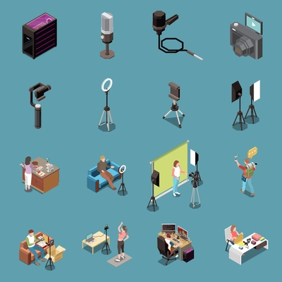 Vlogging isometric icons set with people recording videos camera microphone light tripod system unit 3d isolated vector illustration