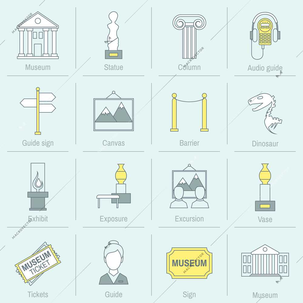 Museum icons flat line set of statue column audio guide isolated vector illustration