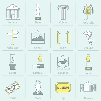 Museum icons flat line set of statue column audio guide isolated vector illustration