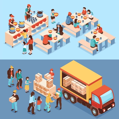 Humanitarian support horizontal banners with volunteers distributing food to needy and  feeding poor people isometric vector illustration