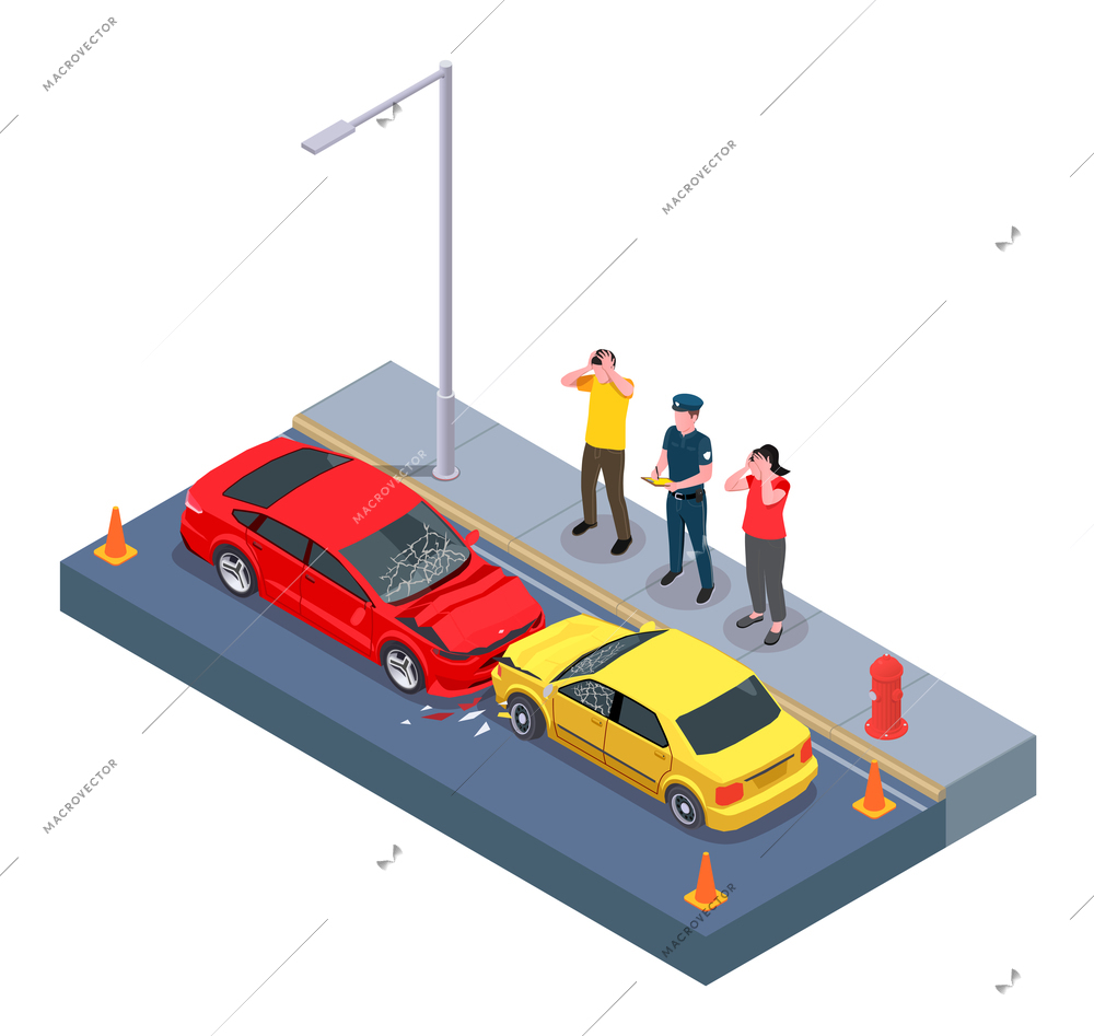 Car ownership usage isometric composition with view of two crashed cars with characters of automobile owners vector illustration