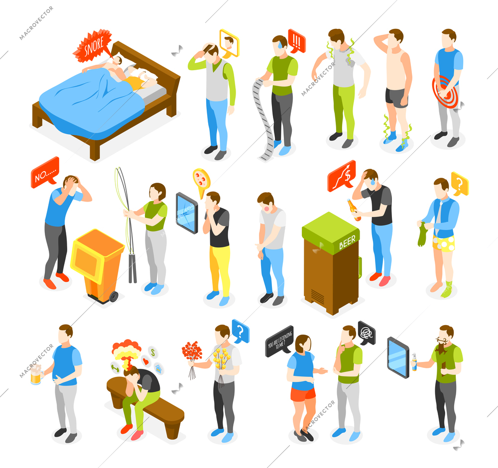 Men problems isometric icons set with choosing presents dealing with stress relations snoring  sweating drinking vector illustration