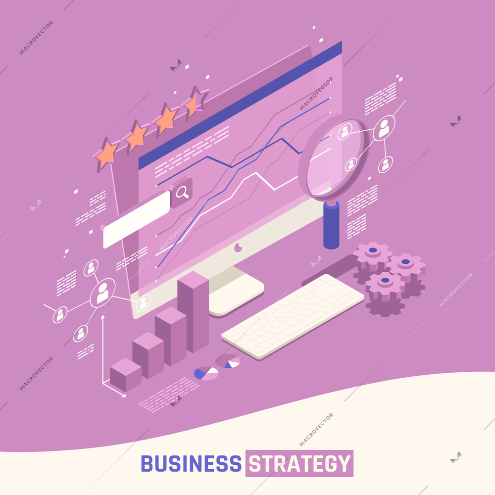 Business strategy isometric concept set of marketing metaphor elements and monitor with infographics vector illustration