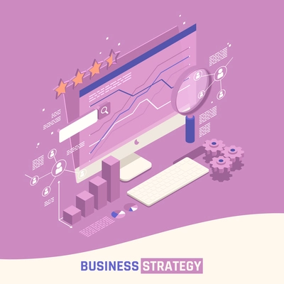 Business strategy isometric concept set of marketing metaphor elements and monitor with infographics vector illustration