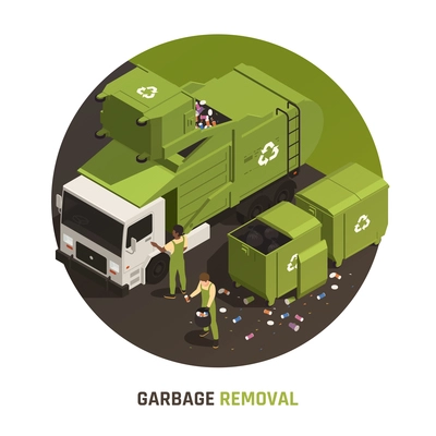 Garbage removal round composition with people in uniform loading litter into truck for recycling vector illustration