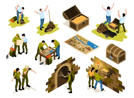 Isometric treasure hunt set of isolated icons of map chest and human characters with archaeological equipment vector illustration