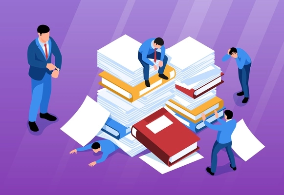 Isometric unorganized office work horizontal composition with human characters of office workers under piles of books vector illustration