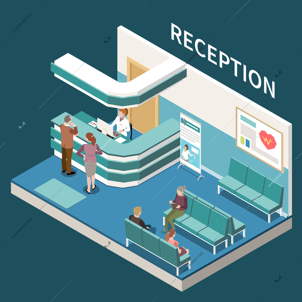 Laboratory diagnostics analysis service isometric composition with view of clinics lobby and patients waiting for result vector illustration