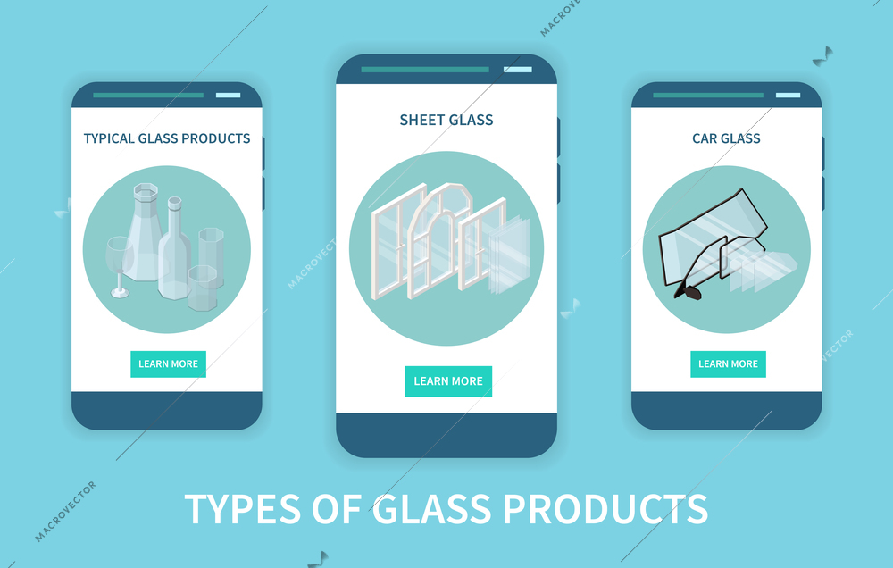 Set of three vertical glass production banners with isometric icons of glass products and clickable buttons vector illustration