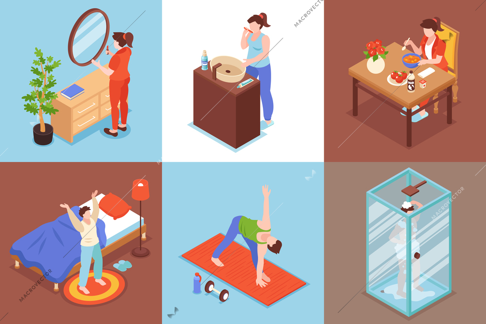 Morning routine isometric square set with shower and breakfast symbols isolated vector illustration