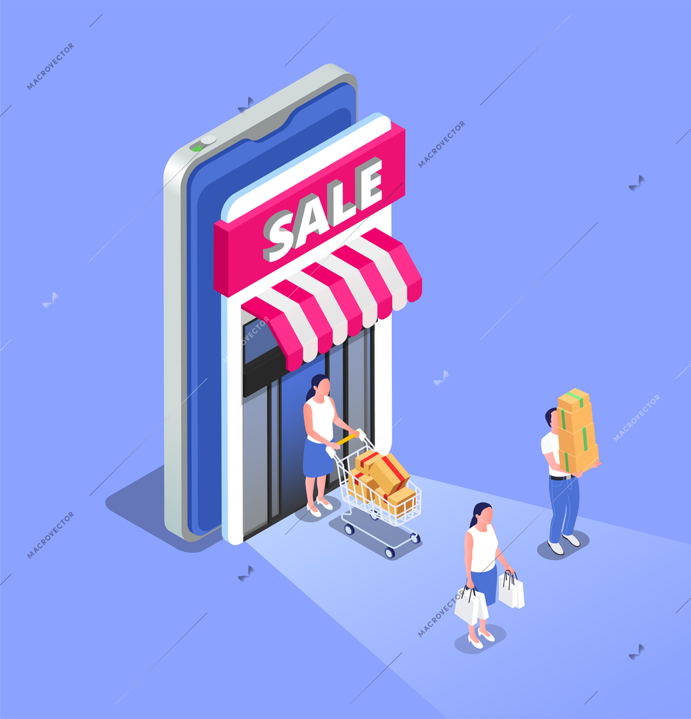 Online sale isometric poster with people coming out with purchases from outlet door stylized as smartphone vector illustration