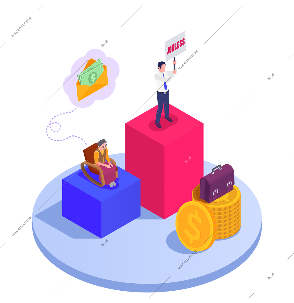 Social security unemployment family benefits isometric composition with stacks of coins cash in envelopes and people vector illustration