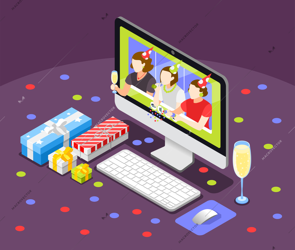 Remote quarantine party isometric background with online meeting symbols vector illustration