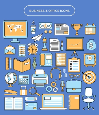 Office and business icons flat line set isolated vector illustration