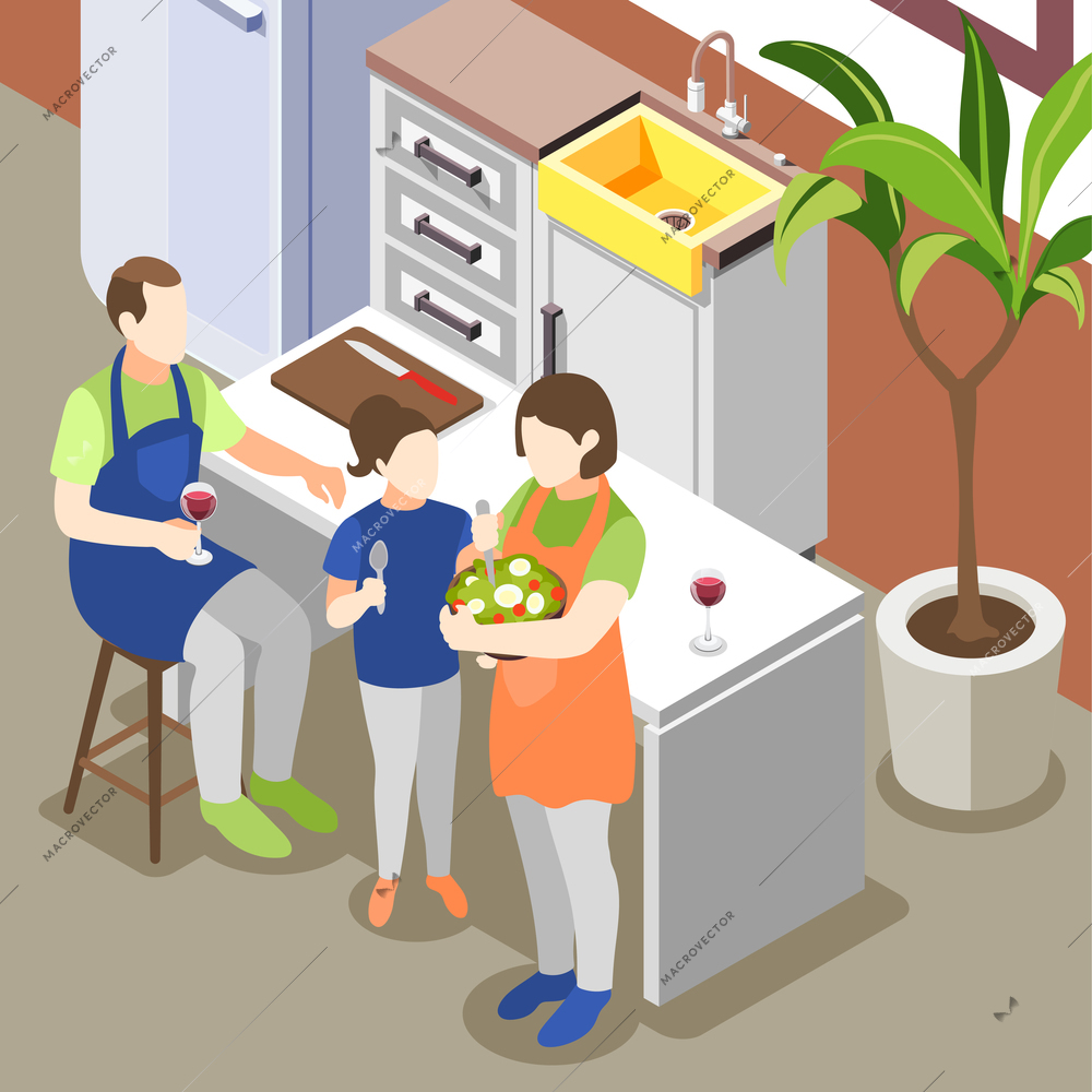 Family cooking together isometric background with cuisine symbols isometric vector illustration