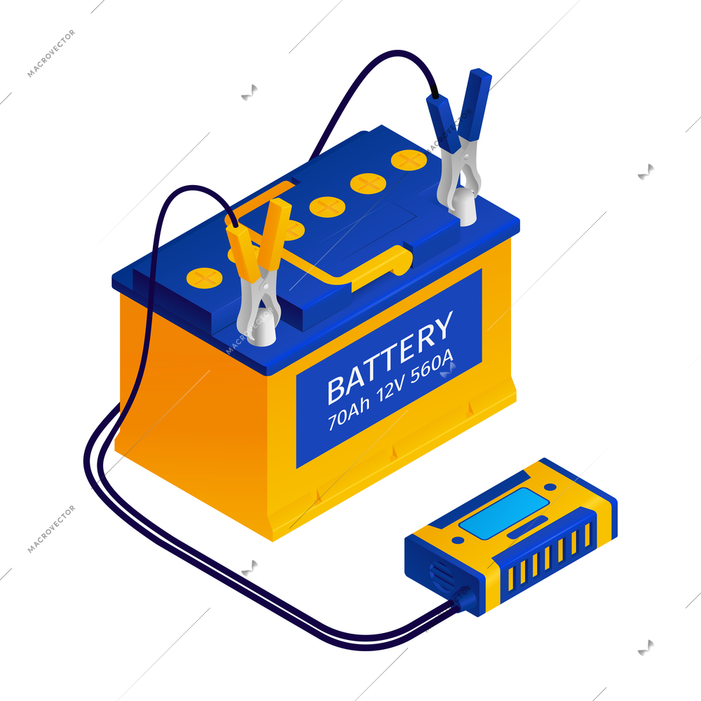 Car battery charger automotive parts recharger jump starter connection wire kit closeup isolated isometric image vector illustration