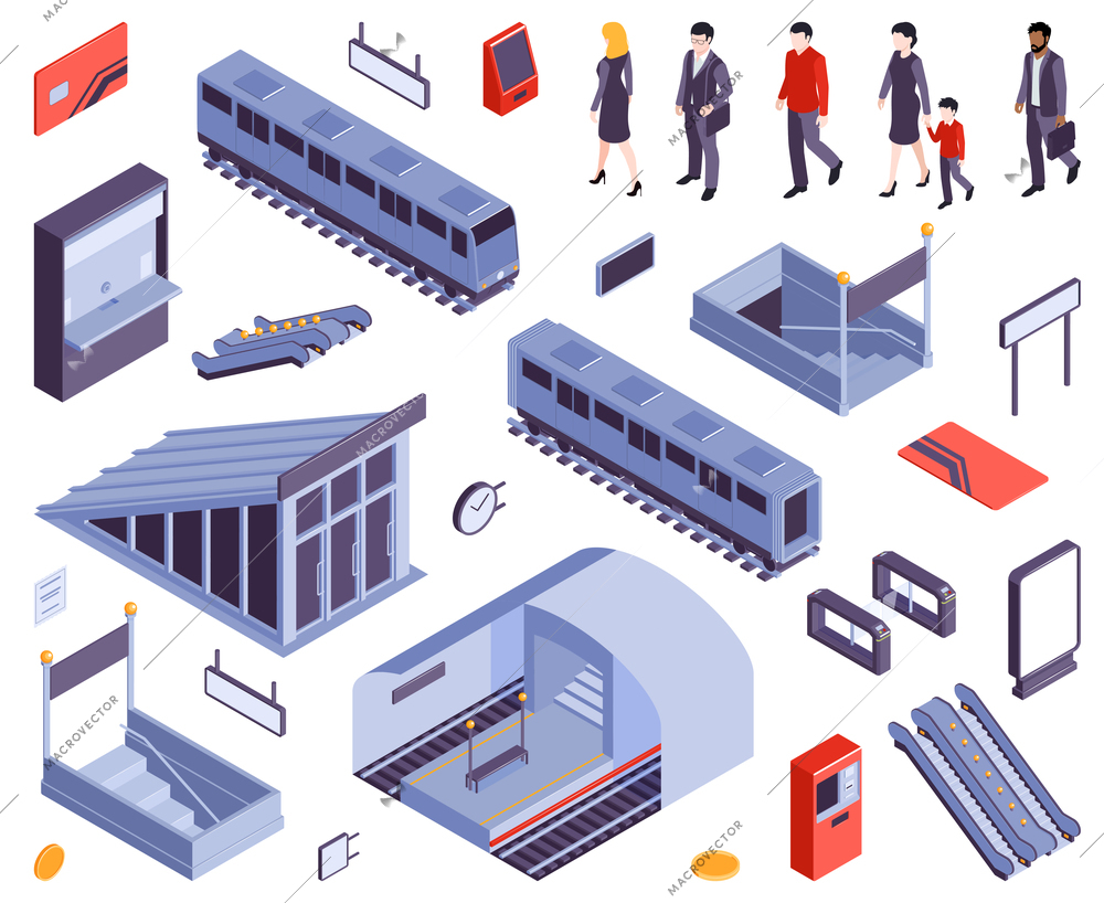 Subway metro stations entry ticket gate exit staircases escalators train carriage railway people isometric set vector illustration