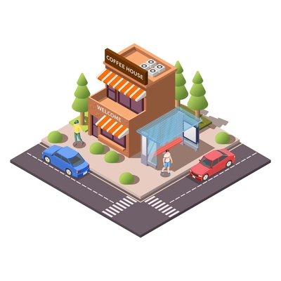 Isometric modern city composition with building of coffee house bus stop road human characters 3d vector illustration