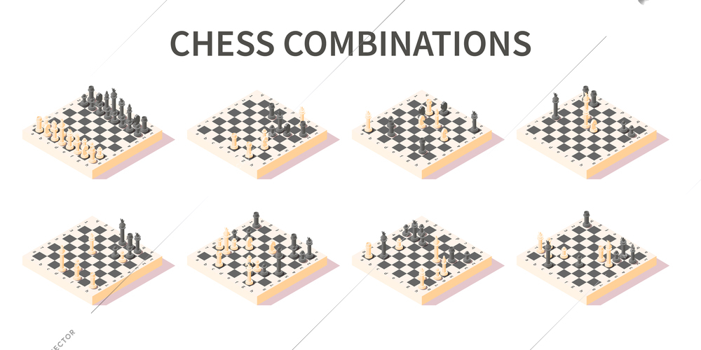 Various combinations of pieces on chess board isometric 3d set on white background isolated vector illustration