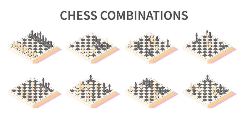 Various combinations of pieces on chess board isometric 3d set on white background isolated vector illustration