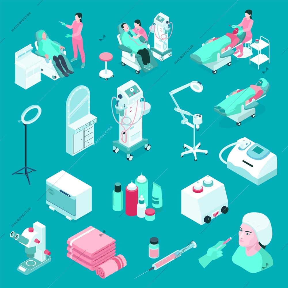 Cosmetology isometric 3d icons set with furniture equipment characters of cosmetologist and client isolated on color background vector illustration