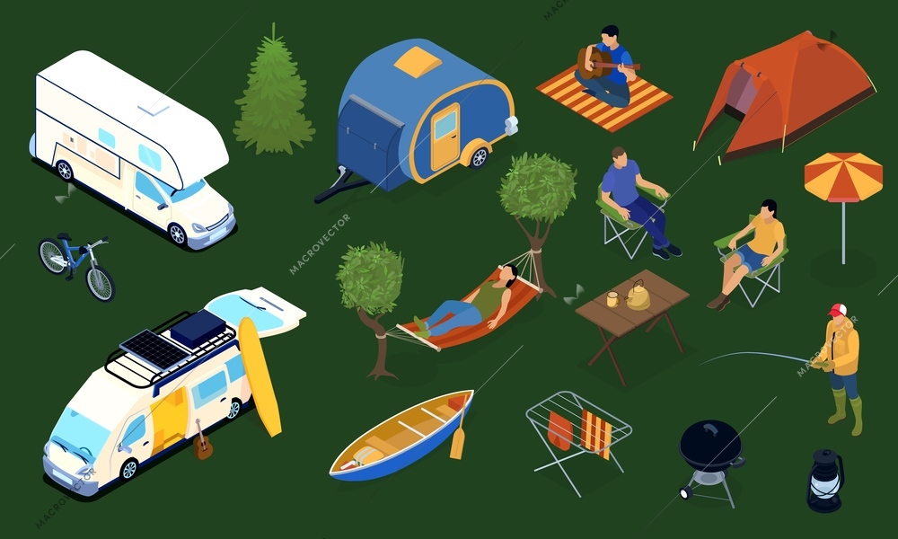 Trailer park with tent boat bike furniture and resting people 3d icons set isolated on green background isometric vector illustration