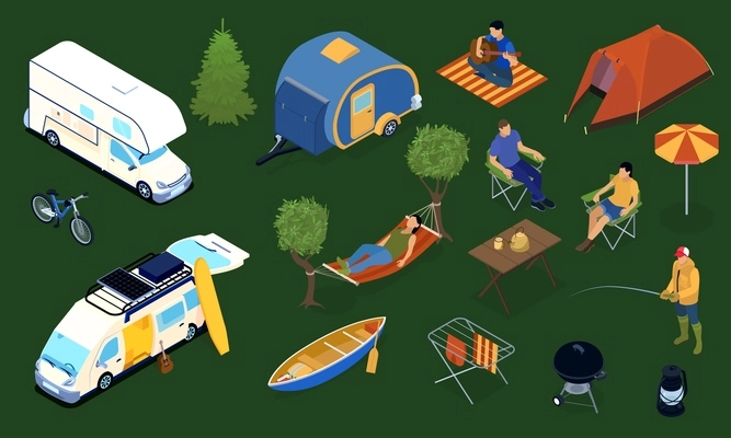 Trailer park with tent boat bike furniture and resting people 3d icons set isolated on green background isometric vector illustration