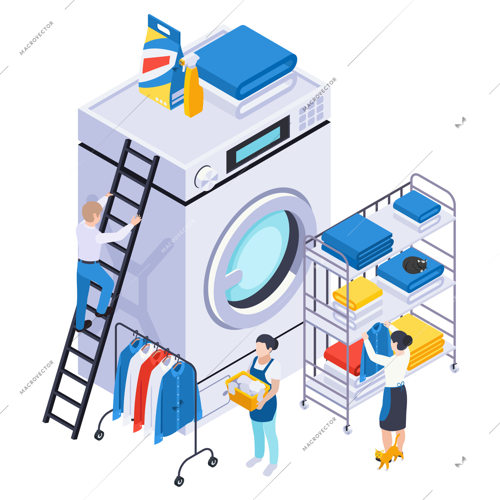 Laundry washing isometric composition with small human characters icons of clothes on shelves with washing machine vector illustration