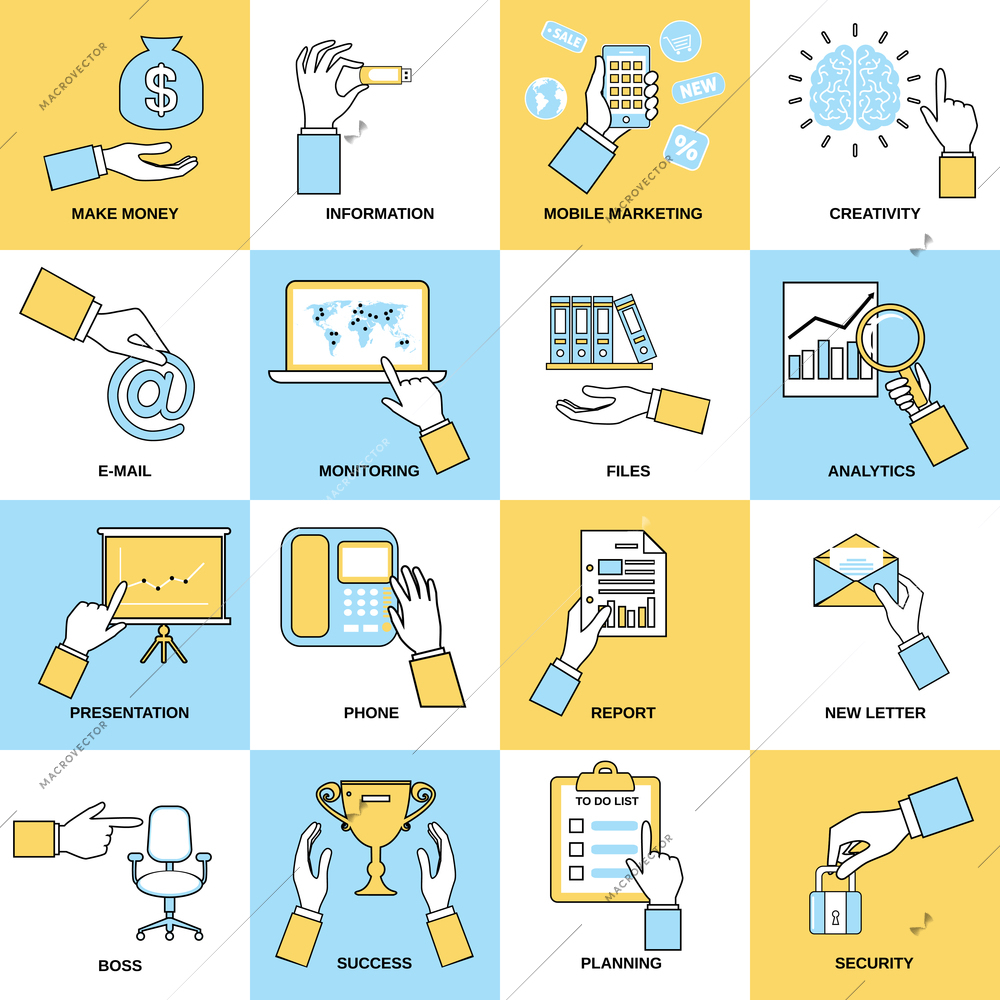 Business hands flat line set with make money information mobile marketing isolated vector illustration