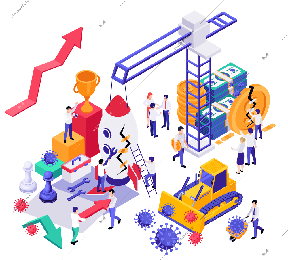 Economic business recovery isometric composition with pillar crane and rocket images money viruses and human characters vector illustration